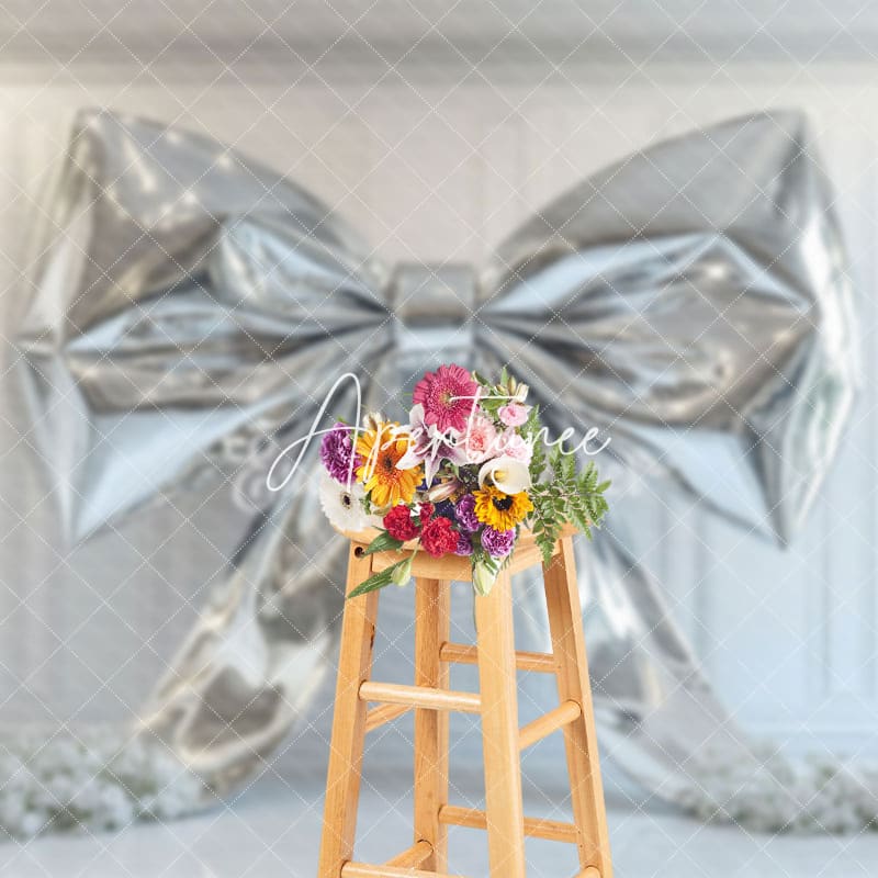 Aperturee - Aperturee White Wall Silver Bow Artwork Floral Wedding Backdrop