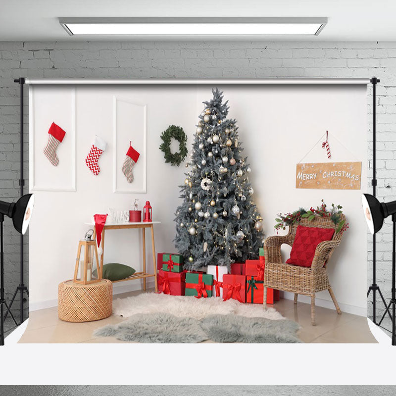 Aperturee - Aperturee White Wall Socks Chair Tree Mat Christmas Backdrop