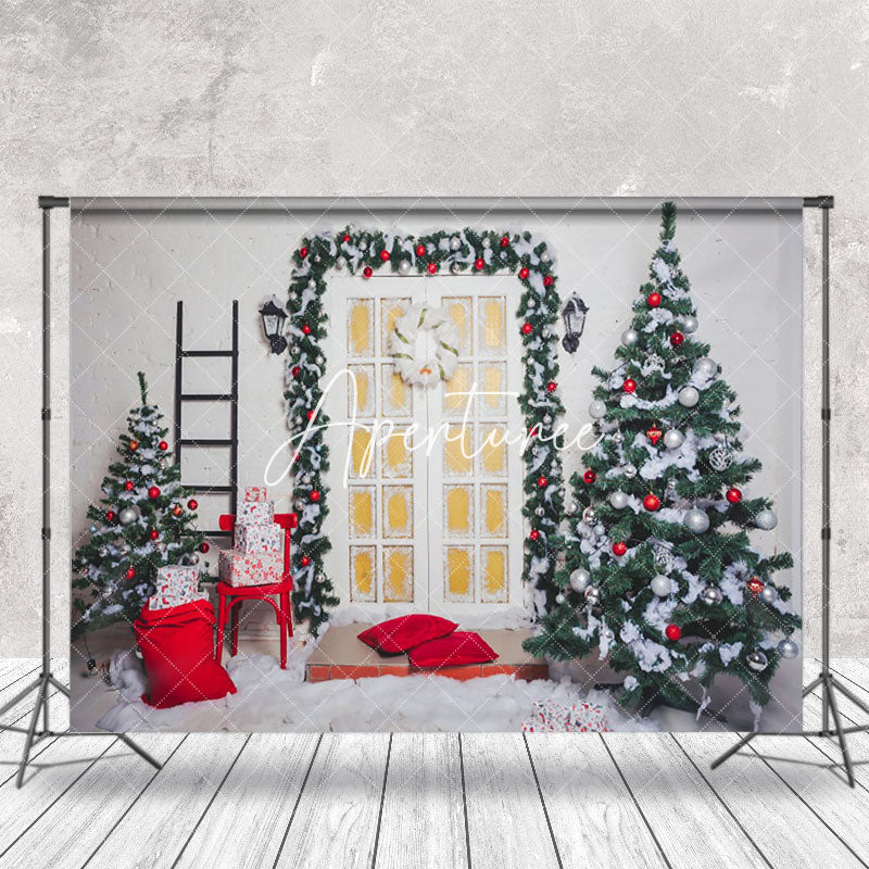 Aperturee - Aperturee White Wall Wreath Door Ladder Tree Xmas Backdrop