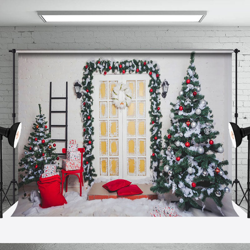 Aperturee - Aperturee White Wall Wreath Door Ladder Tree Xmas Backdrop