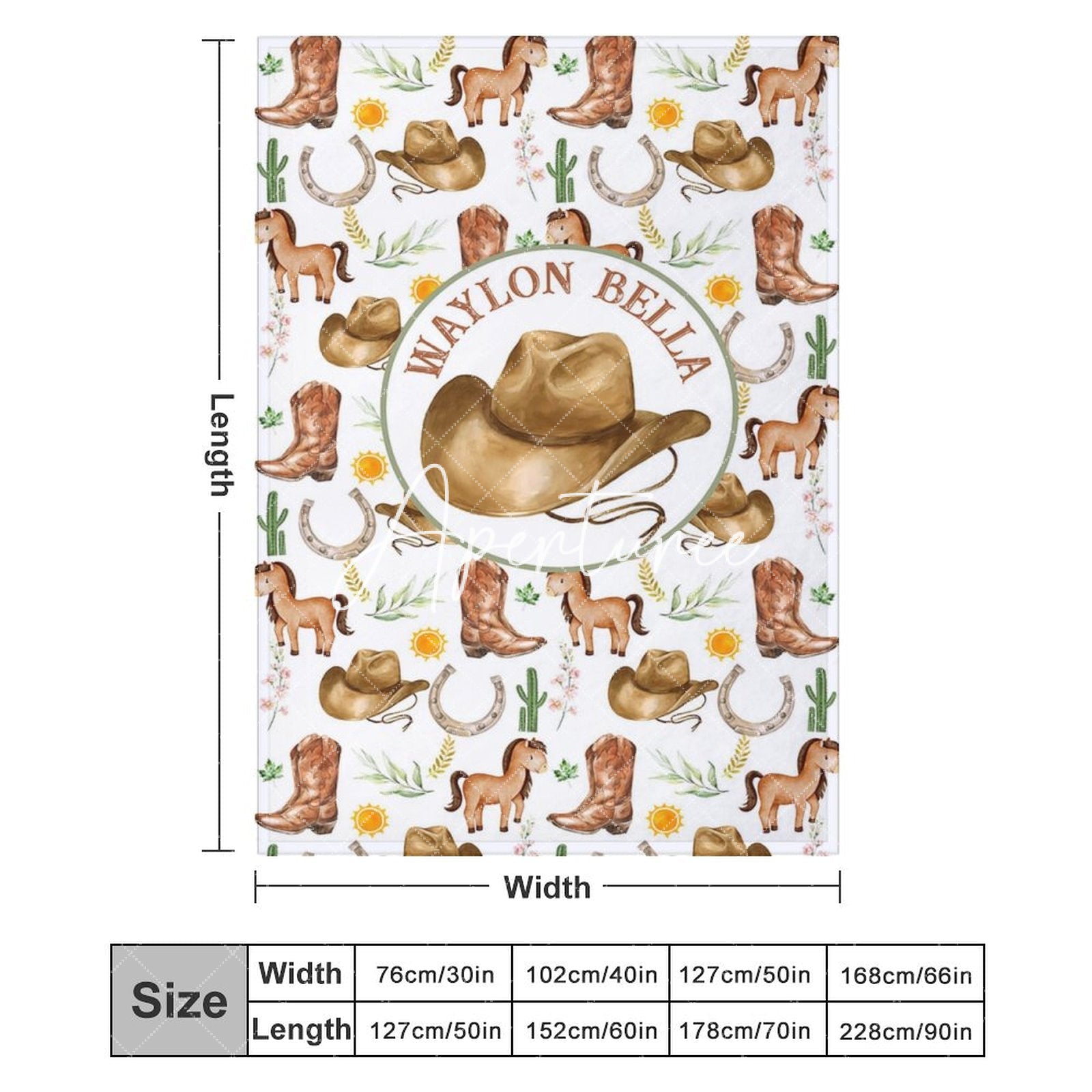 Aperturee - Aperturee White Wild Repeated Cowboy Foal Custom Name Blanket