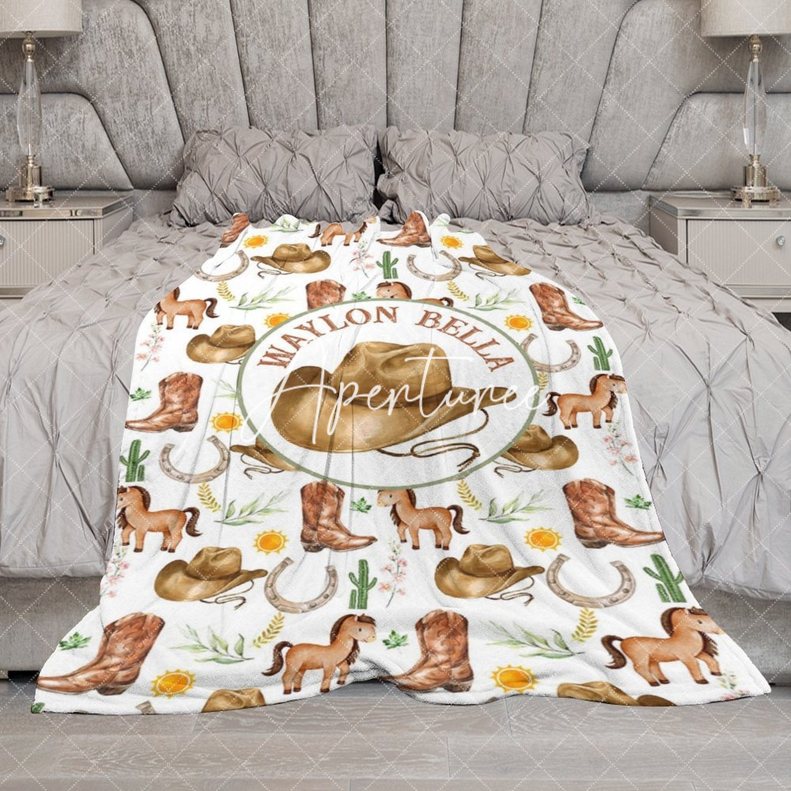 Aperturee - Aperturee White Wild Repeated Cowboy Foal Custom Name Blanket