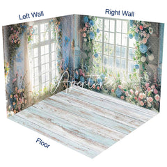 Aperturee - Aperturee White Window Blue Pink Floral Room Set Backdrop