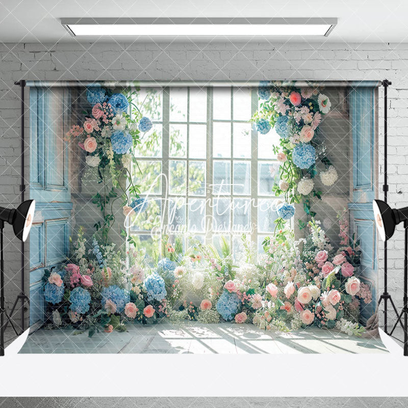 Aperturee - Aperturee White Window Blue Pink Floral Room Set Backdrop