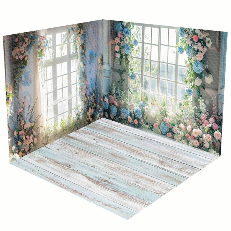 Aperturee - Aperturee White Window Blue Pink Floral Room Set Backdrop