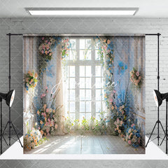 Aperturee - Aperturee White Window Blue Pink Floral Room Set Backdrop