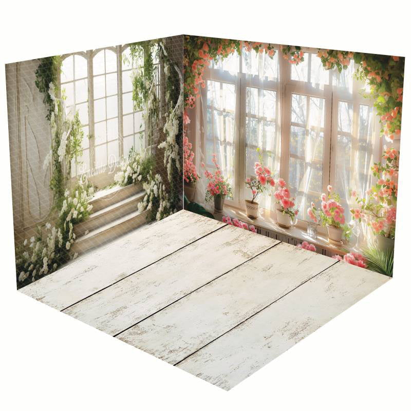 Aperturee - Aperturee White Window Geenery Scene Wedding Room Set Backdrop