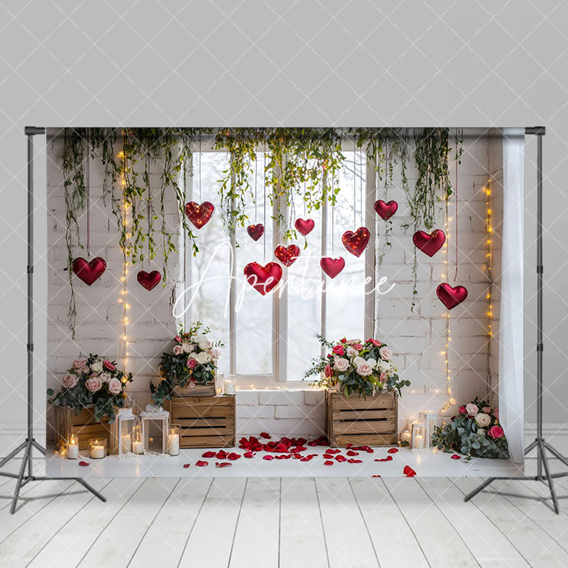 Aperturee - Aperturee White Window Greenery Floral Valentines Day Backdrop