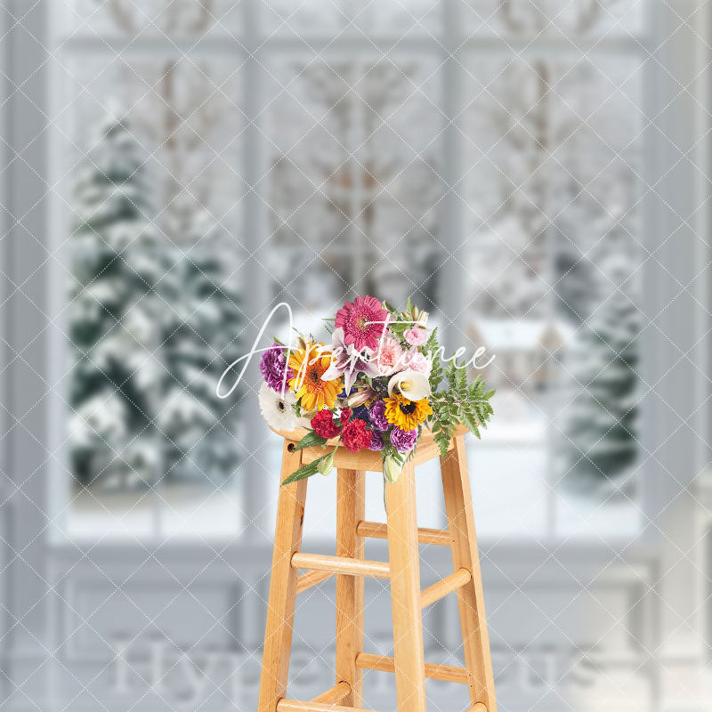 Aperturee - Aperturee White Window Snowy Forest Cabin Scene Photo Backdrop