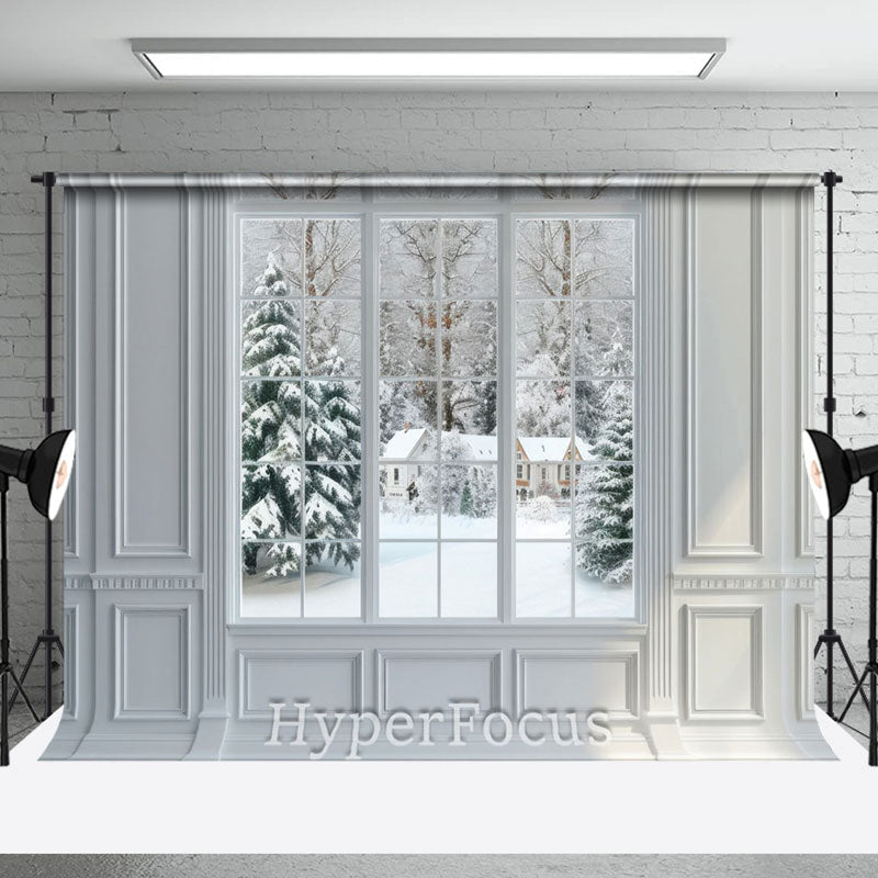 Aperturee - Aperturee White Window Snowy Forest Cabin Scene Photo Backdrop