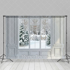 Aperturee - Aperturee White Window Snowy Forest Cabin Scene Photo Backdrop