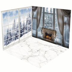 Aperturee - Aperturee White Window Snowy Forest Christmas Room Set Backdrop