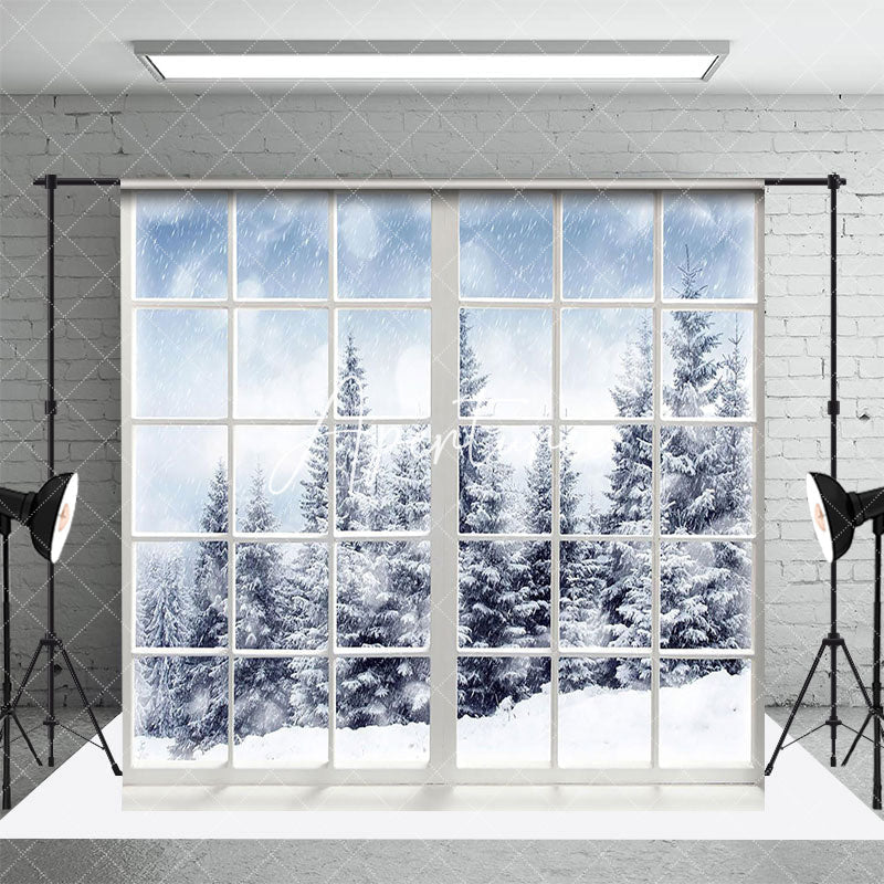 Aperturee - Aperturee White Window Snowy Forest Christmas Room Set Backdrop