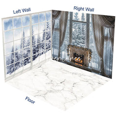 Aperturee - Aperturee White Window Snowy Forest Christmas Room Set Backdrop