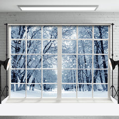 Aperturee - Aperturee White Window Snowy Forest Winter Scenery Backdrop