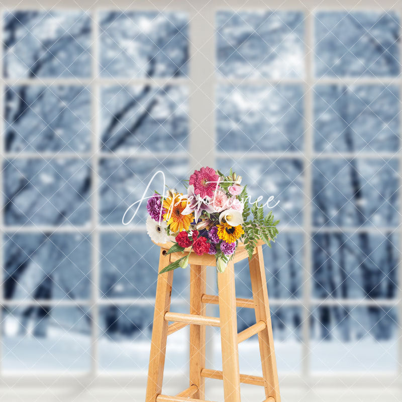 Aperturee - Aperturee White Window Snowy Forest Winter Scenery Backdrop