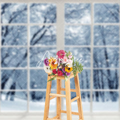 Aperturee - Aperturee White Window Snowy Forest Winter Scenery Backdrop