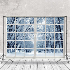 Aperturee - Aperturee White Window Snowy Forest Winter Scenery Backdrop