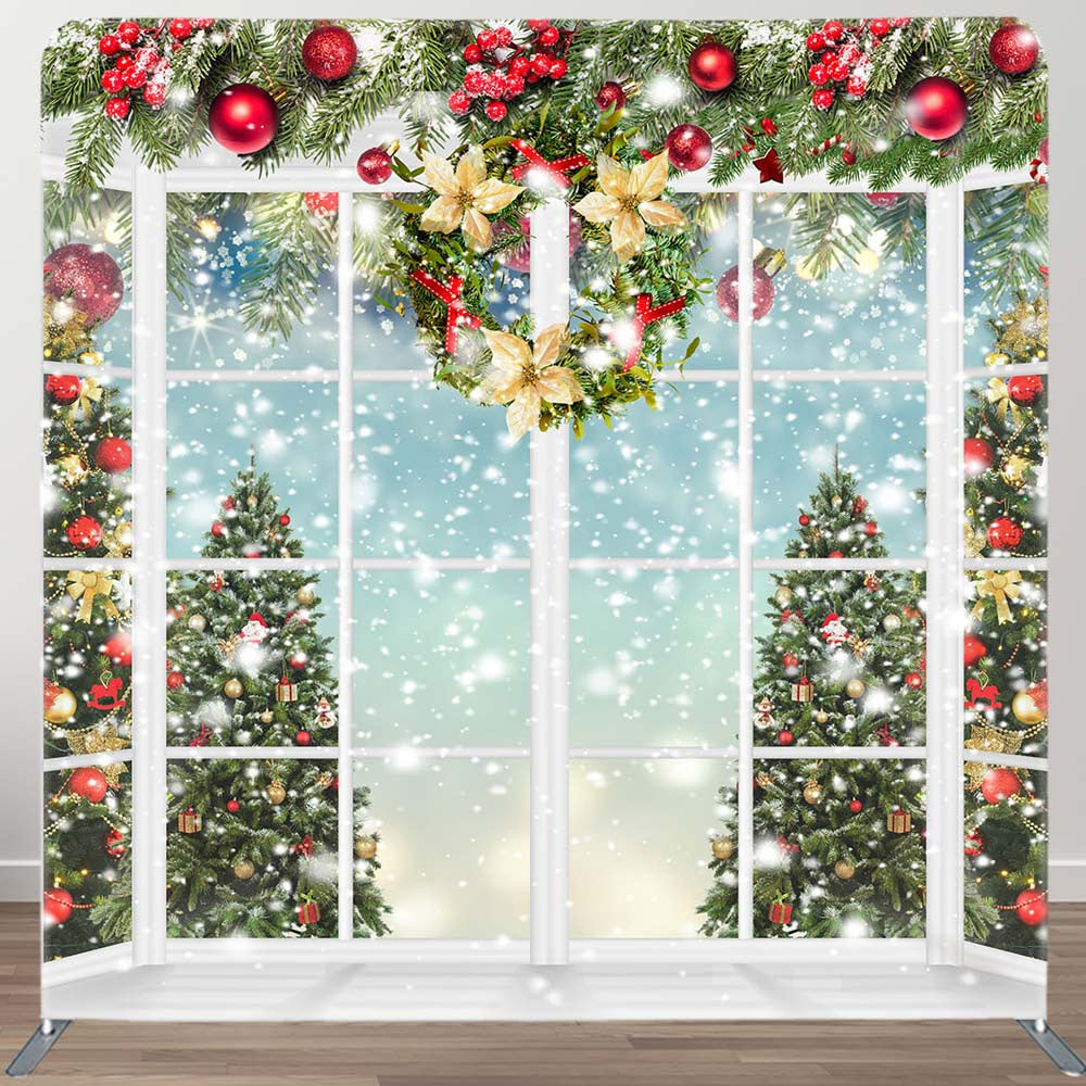 Aperturee - Aperturee White Window Snowy Tree Holiday Double-Sided Backdrop