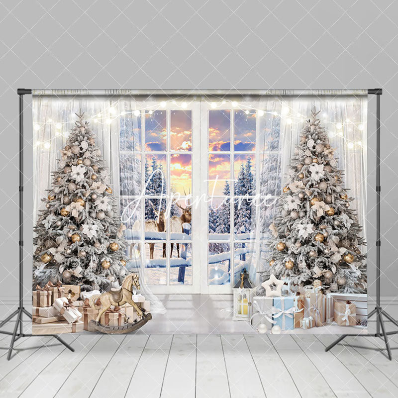 Aperturee - Aperturee White Window Sunset Tree Elk Snow Christmas Backdrop