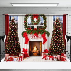 Aperturee - Aperturee White Window Wreath Fireplace Christmas Backdrop