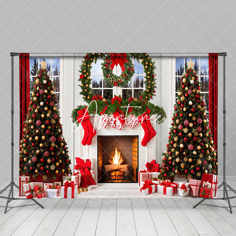 Aperturee - Aperturee White Window Wreath Fireplace Christmas Backdrop