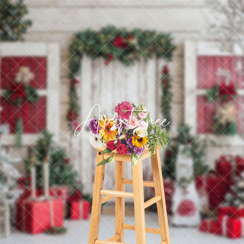 Aperturee - Aperturee White Winter Cabin Christmas Tree Gifts Backdrop