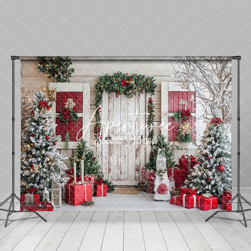 Aperturee - Aperturee White Winter Cabin Christmas Tree Gifts Backdrop