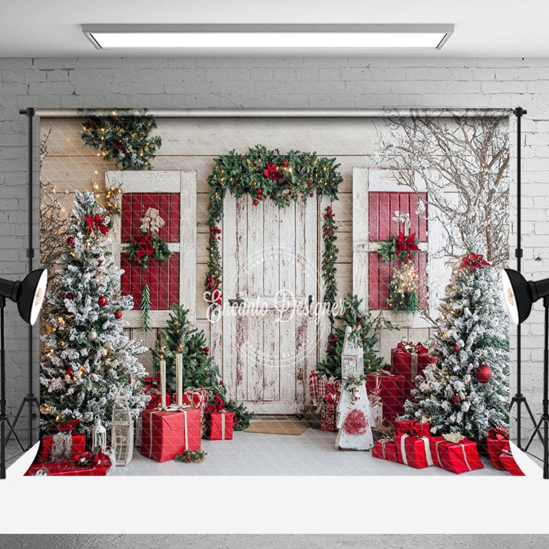 Aperturee - Aperturee White Winter Cabin Christmas Tree Gifts Backdrop