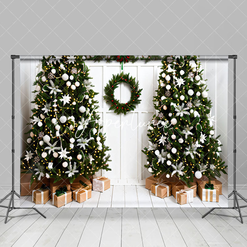 Aperturee - Aperturee White Wood Door Wreath Christmas Tree Gift Backdrop