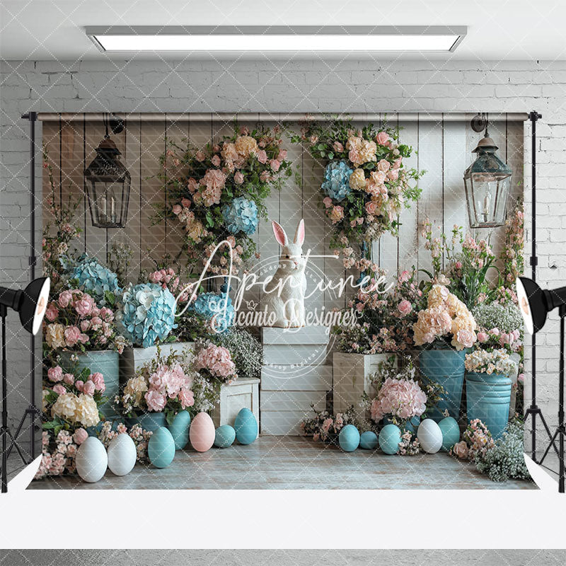 Aperturee - Aperturee White Wood Wall Color Floral Bunny Easter Backdrop