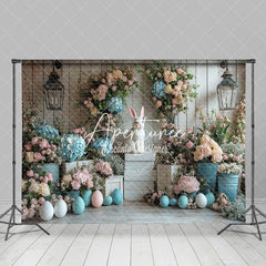 Aperturee - Aperturee White Wood Wall Color Floral Bunny Easter Backdrop