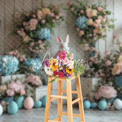 Aperturee - Aperturee White Wood Wall Color Floral Bunny Easter Backdrop