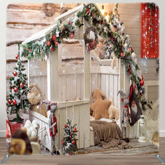 Aperturee - Aperturee White Wooden House Christmas Fabric Tension Backdrop