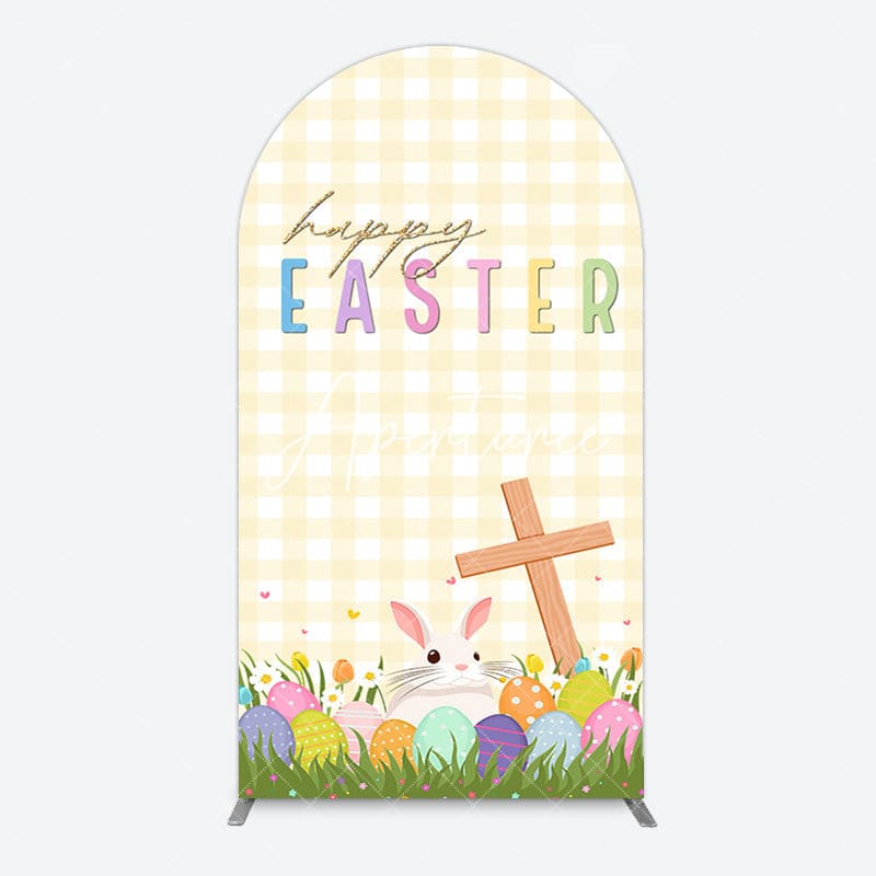 Aperturee - Aperturee White Yellow Plaid Eggs Bunny Easter Arch Backdrop