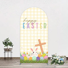 Aperturee - Aperturee White Yellow Plaid Eggs Bunny Easter Arch Backdrop