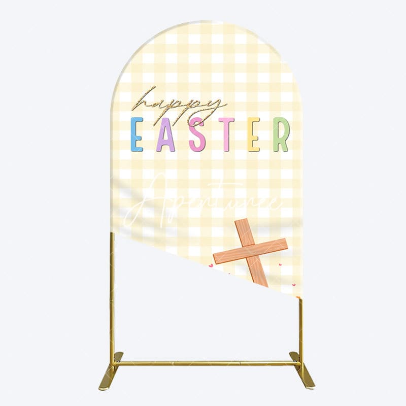 Aperturee - Aperturee White Yellow Plaid Eggs Bunny Easter Arch Backdrop