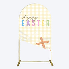 Aperturee - Aperturee White Yellow Plaid Eggs Bunny Easter Arch Backdrop