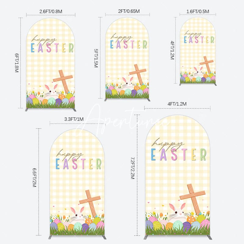 Aperturee - Aperturee White Yellow Plaid Eggs Bunny Easter Arch Backdrop