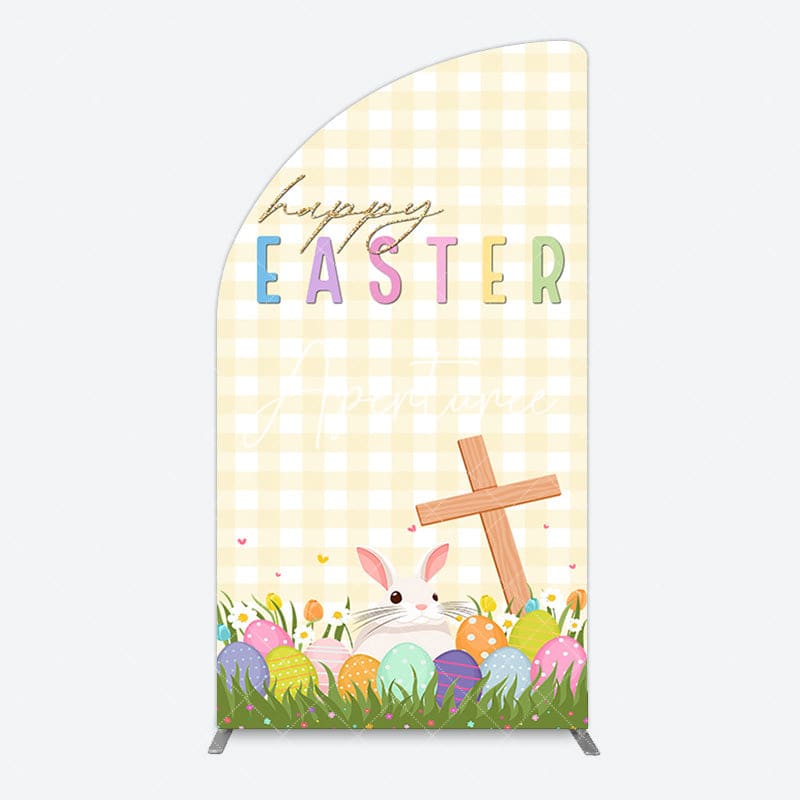 Aperturee - Aperturee White Yellow Plaid Eggs Bunny Easter Half Moon Arch Backdrop