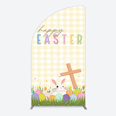 Aperturee - Aperturee White Yellow Plaid Eggs Bunny Easter Half Moon Arch Backdrop