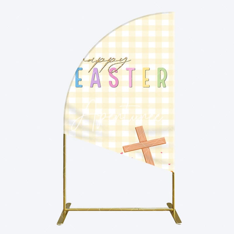 Aperturee - Aperturee White Yellow Plaid Eggs Bunny Easter Half Moon Arch Backdrop