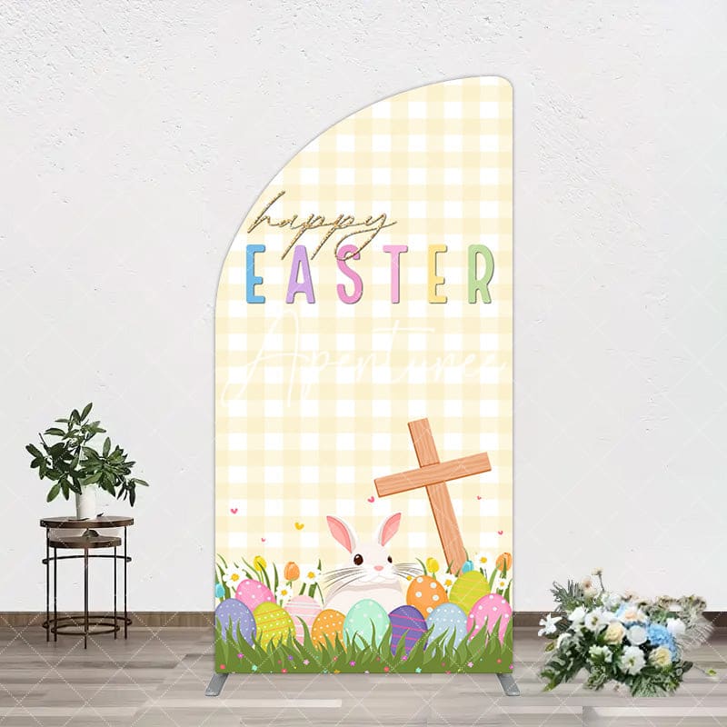 Aperturee - Aperturee White Yellow Plaid Eggs Bunny Easter Half Moon Arch Backdrop