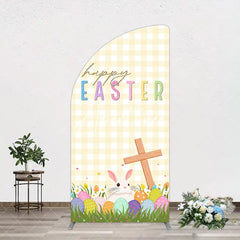 Aperturee - Aperturee White Yellow Plaid Eggs Bunny Easter Half Moon Arch Backdrop