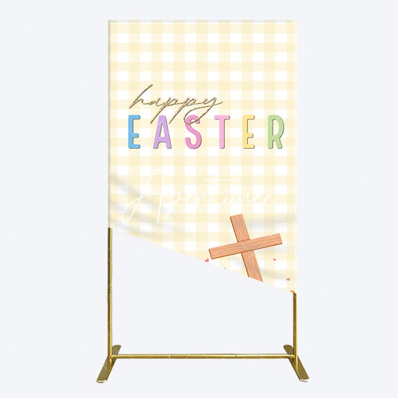 Aperturee - Aperturee White Yellow Plaid Eggs Bunny Easter Rectangle Backdrop