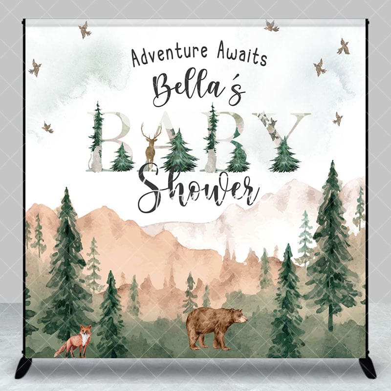 Aperturee - Aperturee Wild Forest Animals Custom Name Baby Shower Backdrop