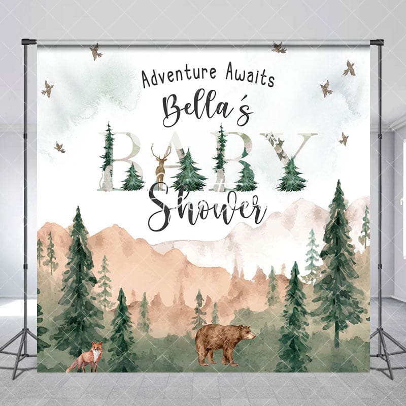 Aperturee - Aperturee Wild Forest Animals Custom Name Baby Shower Backdrop