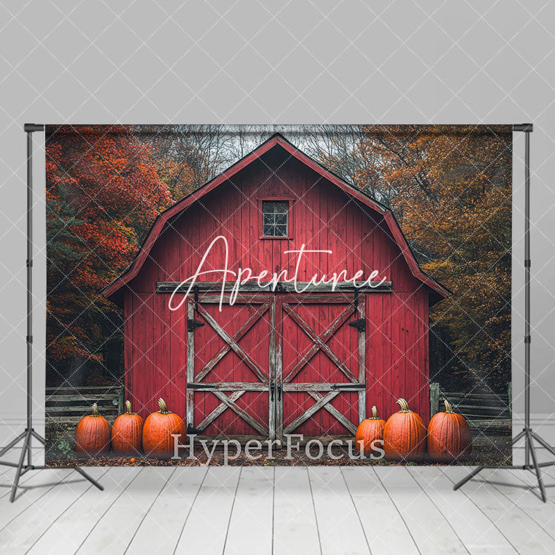 Aperturee - Aperturee Wild Forest Retro Red Barn Pumpkin Autumn Backdrop