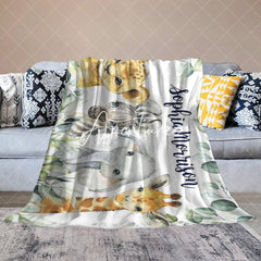 Aperturee - Aperturee Wild Jungle Leaf Safari Animals Custom Name Blanket