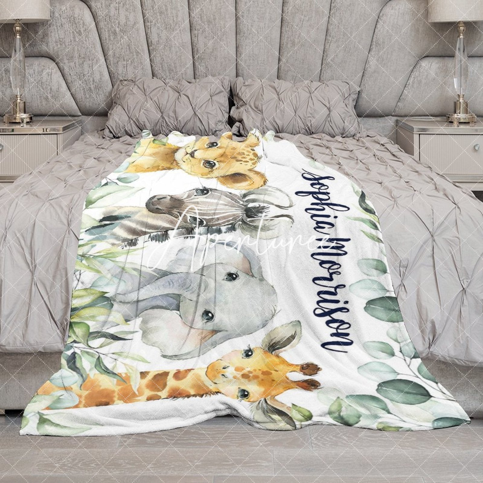 Aperturee - Aperturee Wild Jungle Leaf Safari Animals Custom Name Blanket